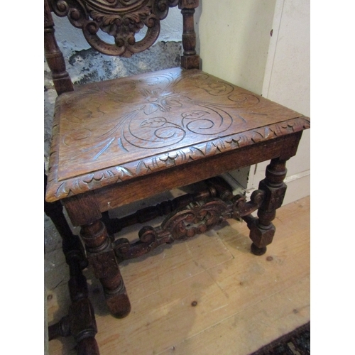 1180 - Pair of Carved Jacobean Tall Back Hall Chairs Further Carved Supports Full Size