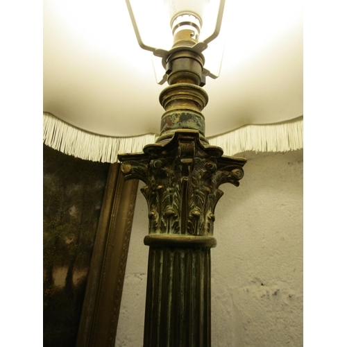 1185 - Edwardian Cast Brass Corinthian Column Standard Lamp with Shade Electrified Working Order