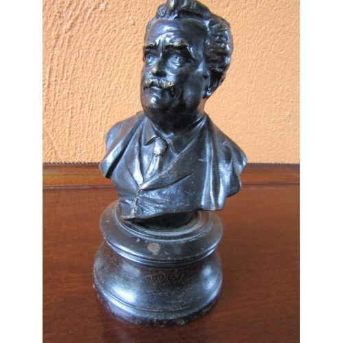 1203 - Antique Bronze Bust Mark Twain with Cigar on Turned Base Signed Verso Approximately 6 Inches High