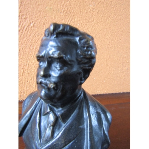 1203 - Antique Bronze Bust Mark Twain with Cigar on Turned Base Signed Verso Approximately 6 Inches High