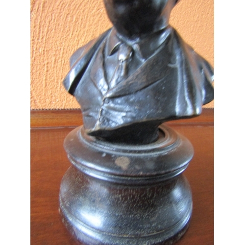 1203 - Antique Bronze Bust Mark Twain with Cigar on Turned Base Signed Verso Approximately 6 Inches High