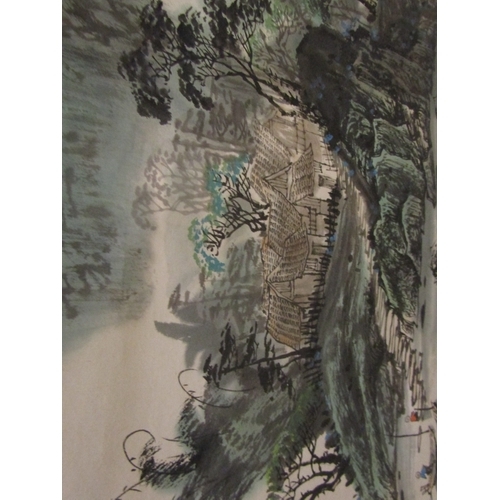 1220 - Chinese Scroll Depicting River and Mountain Scene Approximately 6ft 6 Inches High