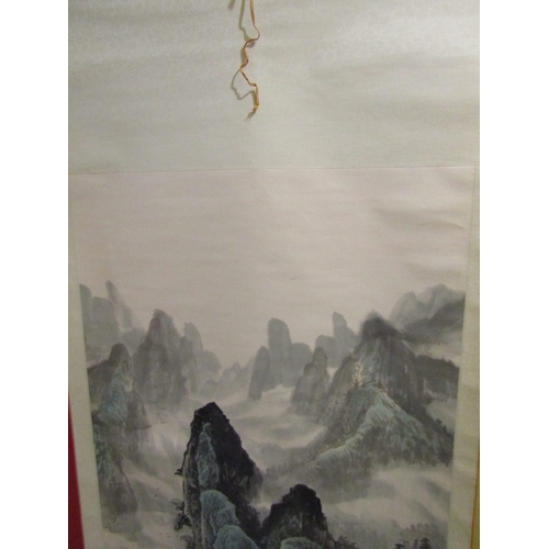 1220 - Chinese Scroll Depicting River and Mountain Scene Approximately 6ft 6 Inches High