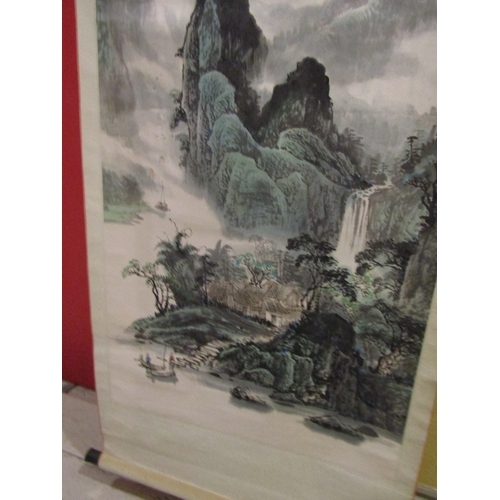 1220 - Chinese Scroll Depicting River and Mountain Scene Approximately 6ft 6 Inches High