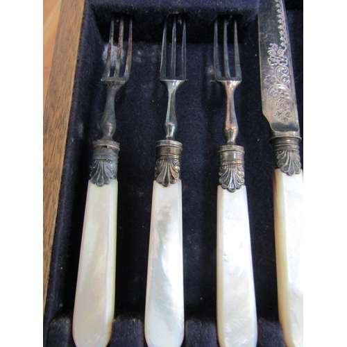 1229 - Canteen of Mother of Pearl Silver Collared Knives and Forks Complete