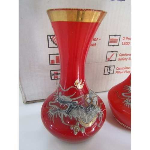 1241 - Pair of Red Ground Chinese Vases Vintage Shaped Forms Hand Painted Decoration Flowing Dragons Each A... 