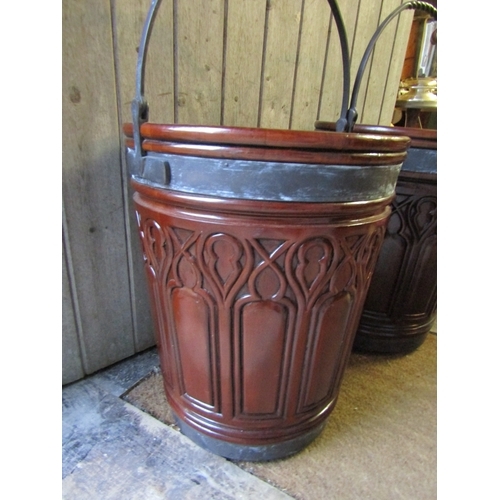 1305 - Pair of Gothic Form Mahogany Peat Buckets Swing Carry Handles Original Liners Each Approximately 15 ... 