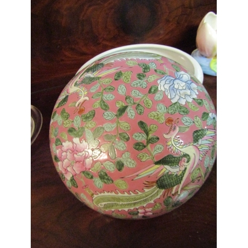 1311 - Oriental Porcelain Bowl with Cover Avian Motif Decoration Pink Ground Approximately 12 Inches Diamet... 