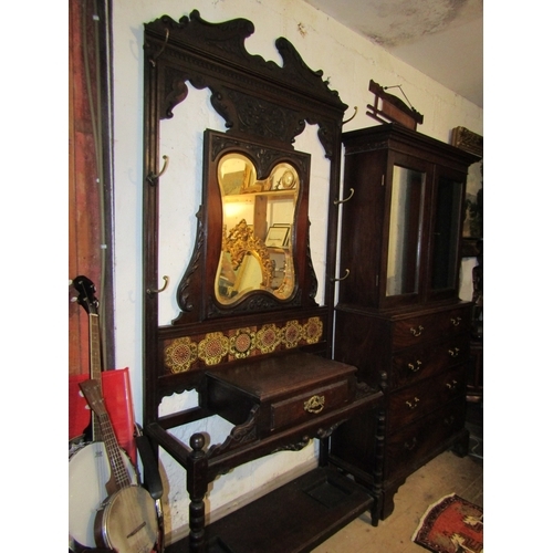 1368 - Antique Mahogany Mirror and Tile Inset Hall Stand Original Drip Trays Present Single Drawer Well Car... 