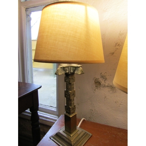 1422 - Two Cast Brass Column Form Table Lamps Each Electrified Working Order Tallest Approximately 16 Inche... 