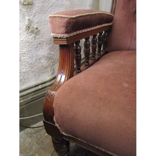 1433 - Victorian Mahogany Framed Deep Buttoned Upholstered Burgundy Velvet Drawing Room Armchair Full Size