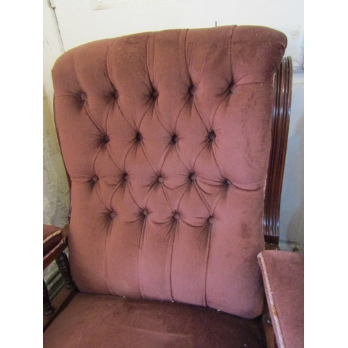 1433 - Victorian Mahogany Framed Deep Buttoned Upholstered Burgundy Velvet Drawing Room Armchair Full Size