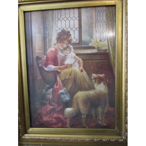 1436 - Gilt Framed Picture of Mother with Family Dog Window Beyond Framed Size Approximately 18 Inches High... 