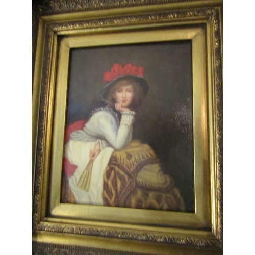 1437 - Seated Lady with Hat Contained Within Gilded Frame Oil on Panel Framed Size Approximately 14 Inches ... 