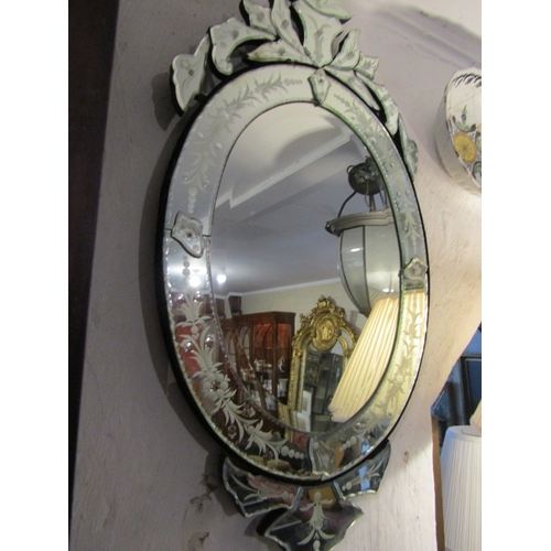 1438 - Venetian Engraved Glass Mirror Oval Form Approximately 32 Inches High x 18 Inches Wide