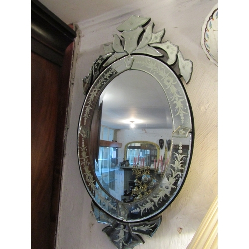 1438 - Venetian Engraved Glass Mirror Oval Form Approximately 32 Inches High x 18 Inches Wide