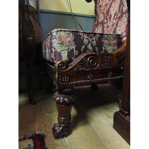 1610 - Large Damask Upholstered Mahogany Framed Armchair After a Design by Thomas Hope Paw Carved Supports ... 