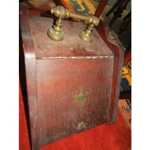 1653 - Edwardian Mahogany Coal Scuttle Brass Handle Original Tin Liner Present