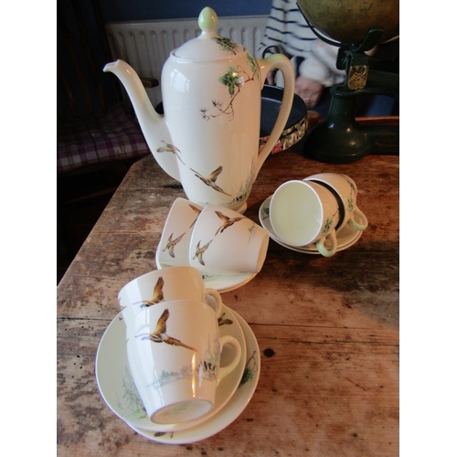 1671 - Royal Doulton Coppice Pattern Coffee Set Depicting Various Game Birds Attractively Painted Good Orig... 