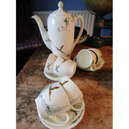 1671 - Royal Doulton Coppice Pattern Coffee Set Depicting Various Game Birds Attractively Painted Good Orig... 