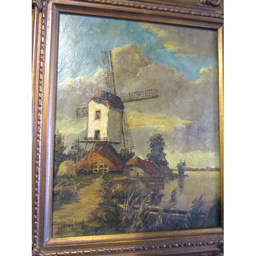 1614 - Antique Continental School River with Windmill Beyond Oil on Panel Signed Indistinctly Lower Left Ap... 