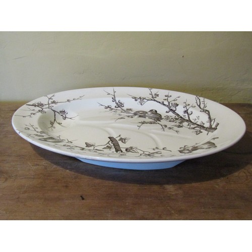 1262 - Antique Edwardian Porcelain Turkey Platter Full Size with Integral Well Avian and Winter Branch Moti... 