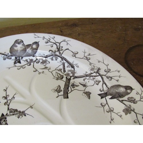 1262 - Antique Edwardian Porcelain Turkey Platter Full Size with Integral Well Avian and Winter Branch Moti... 