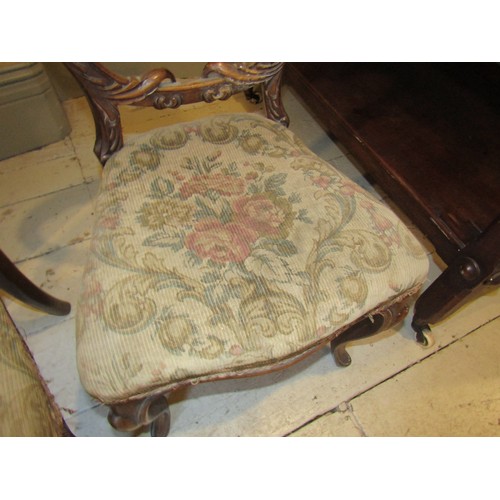 1405 - Pair of Victorian Walnut Chairs Well Carved Needlepoint Seats above Cabriole Supports