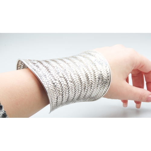 101 - Silver Statement Cuff Bracelet Woven Motif 11cm High Inner Width 7cm