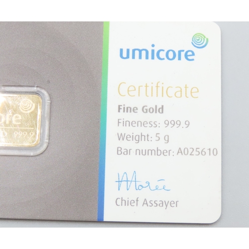 1013 - Umicore Fine 999.9 Gold 5 Gram Bar Encapsulated