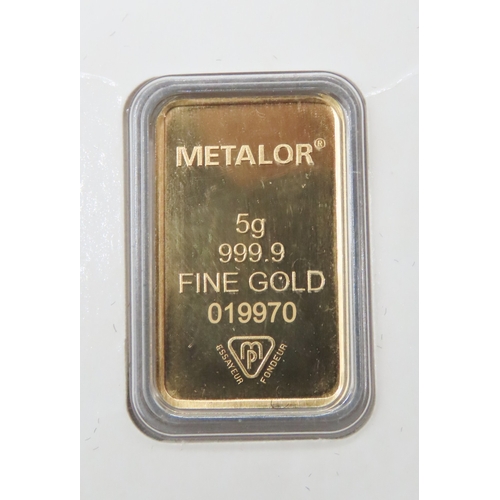 1015 - Metalor Switzerland Fine 999.9 Gold 5 Gram Bar Responsible Refining Encapsulated