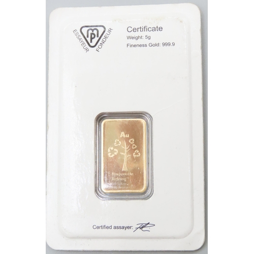 1015 - Metalor Switzerland Fine 999.9 Gold 5 Gram Bar Responsible Refining Encapsulated