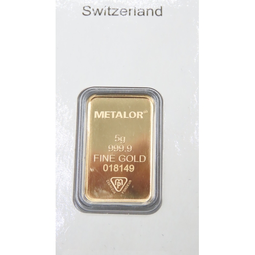 1016 - Metalor Switzerland Fine 999.9 Gold 5 Gram Bar Responsible Refining Encapsulated