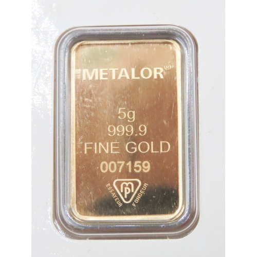 1017 - Metalor Switzerland Fine 999.9 Gold 5 Gram Bar Responsible Refining Encapsulated