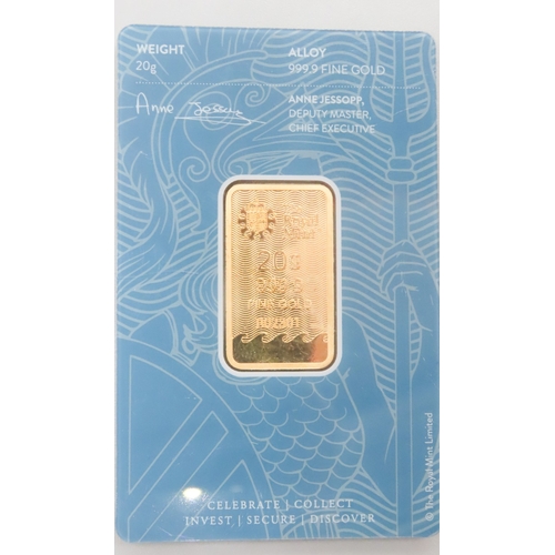 1020 - The Royal Mint 999.9 Fine Gold 20g Bar Britania