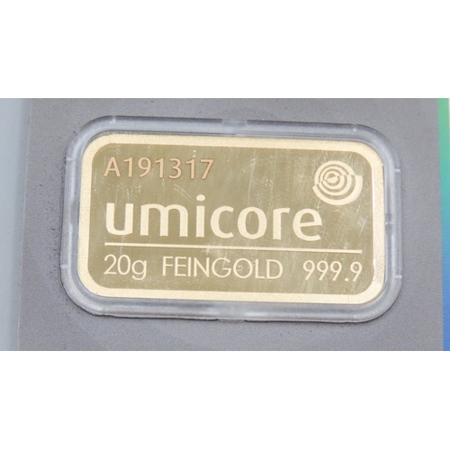 1021 - Umicore Fine 999.9 Gold 20 Gram Bar Encapsulated A191317