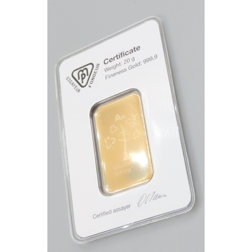 1022 - Metalor Switzerland Fine 999.9 Gold 20 Gram Bar Responsible Refining Encapsulated