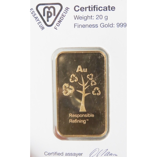 1022 - Metalor Switzerland Fine 999.9 Gold 20 Gram Bar Responsible Refining Encapsulated