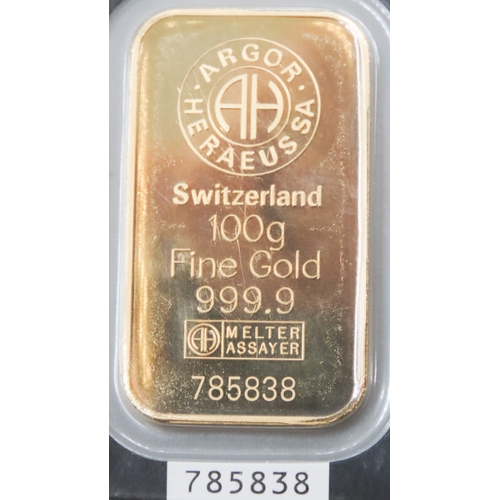 1023 - Argor-Heraeus Switzerland Fine 999.9 100 Gram Gold Bar Encapsulated