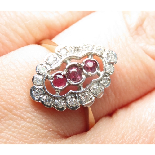 109 - Ruby and Diamond Set Ladies Cluster Ring Mounted in 9 Carat Yellow Gold Ring Size O