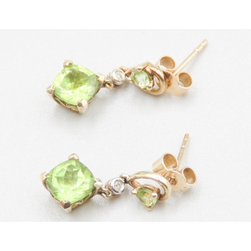 113 - Pair of Peridot and Diamond Set Ladies Drop Earrings Mounted in 9 Carat Yellow Gold 2cm High