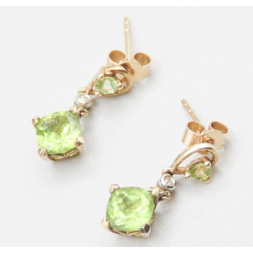 113 - Pair of Peridot and Diamond Set Ladies Drop Earrings Mounted in 9 Carat Yellow Gold 2cm High