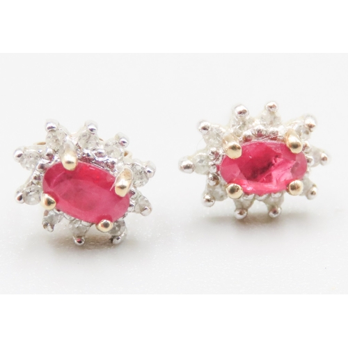 115 - Pair of Ruby and Diamond Set Ladies Cluster Earrings Mounted in 9 Carat Yellow Gold 7mm High