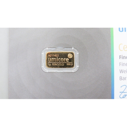 1175 - Umicore Fine 999.9 Gold 1 Gram Bar Encapsulated