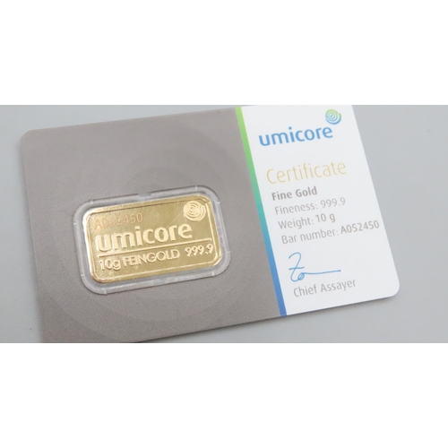 1181 - Umicore Fine 999.9 Gold 10 Gram Bar Encapsulated