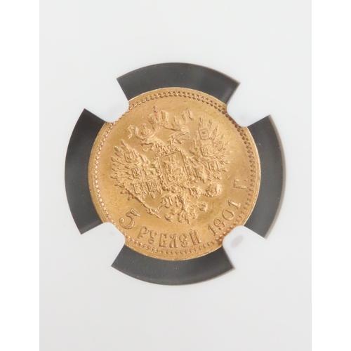 1188 - Gold Russian 5 Ruble Coin Dated 1901 Encapsulated MS62