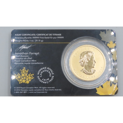 1191 - 1 OZ Fine 999.9 Gold Canda 200 Dollar Wolf Coin Dated 2014 Encapsulated