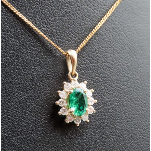 120 - Emerald and Diamond Set Cluster Pendant Mounted in 9 Carat Yellow Gold 1cm High Set on 9 Carat Yello... 