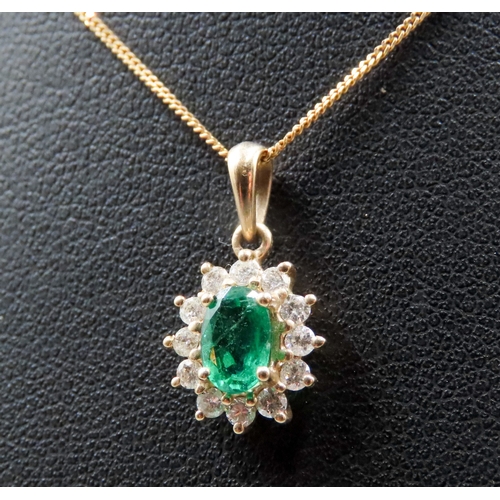 120 - Emerald and Diamond Set Cluster Pendant Mounted in 9 Carat Yellow Gold 1cm High Set on 9 Carat Yello... 