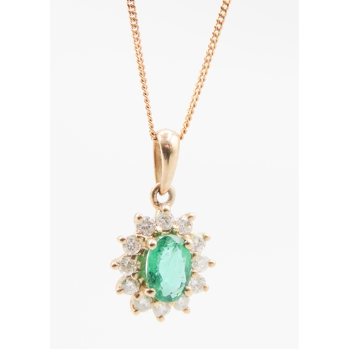 120 - Emerald and Diamond Set Cluster Pendant Mounted in 9 Carat Yellow Gold 1cm High Set on 9 Carat Yello... 